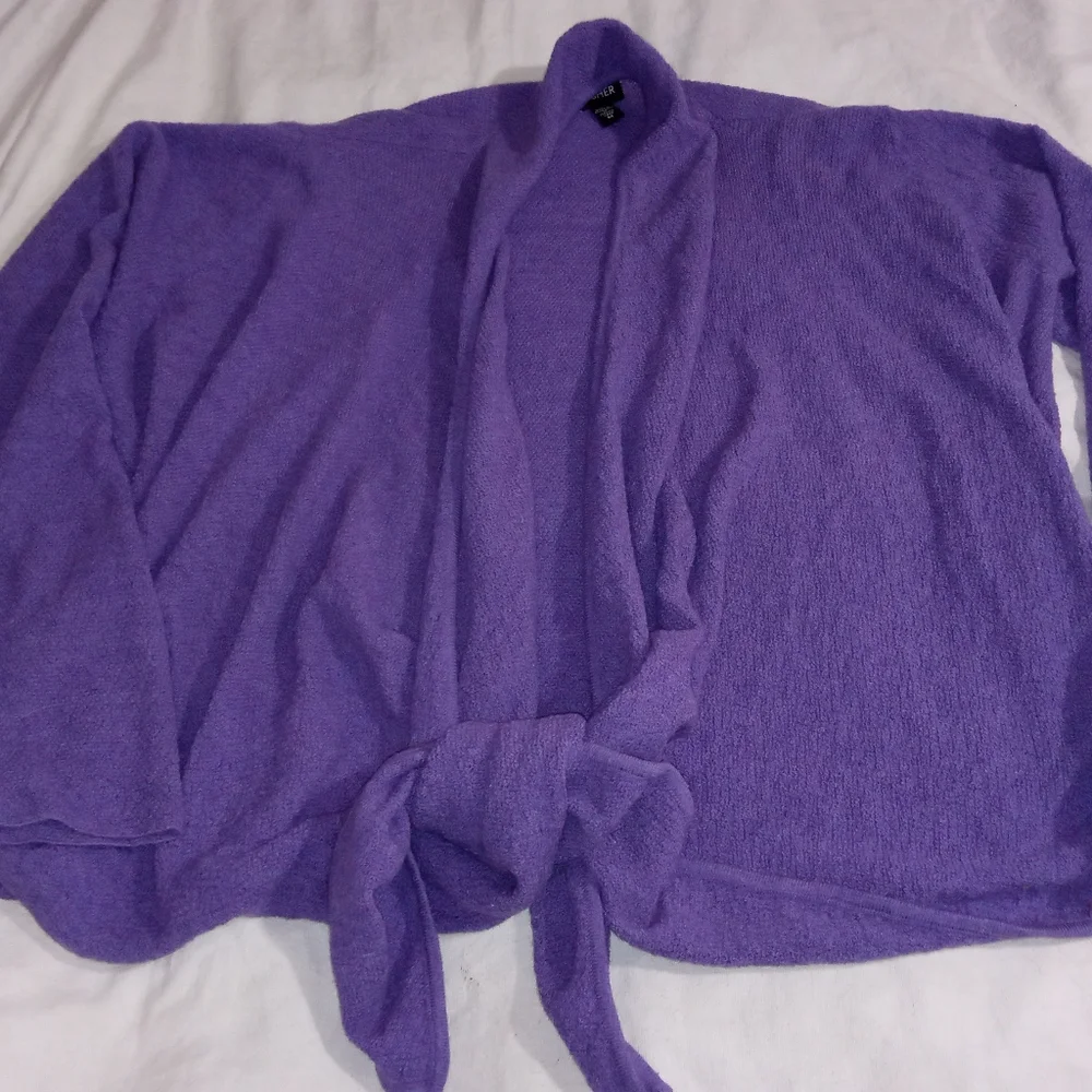 💜 EILEEN FISHER OPEN FRONT CARDIGAN SWEATER WATERFALL PURPLE KNIT SIZE M - Picture 2 of 6